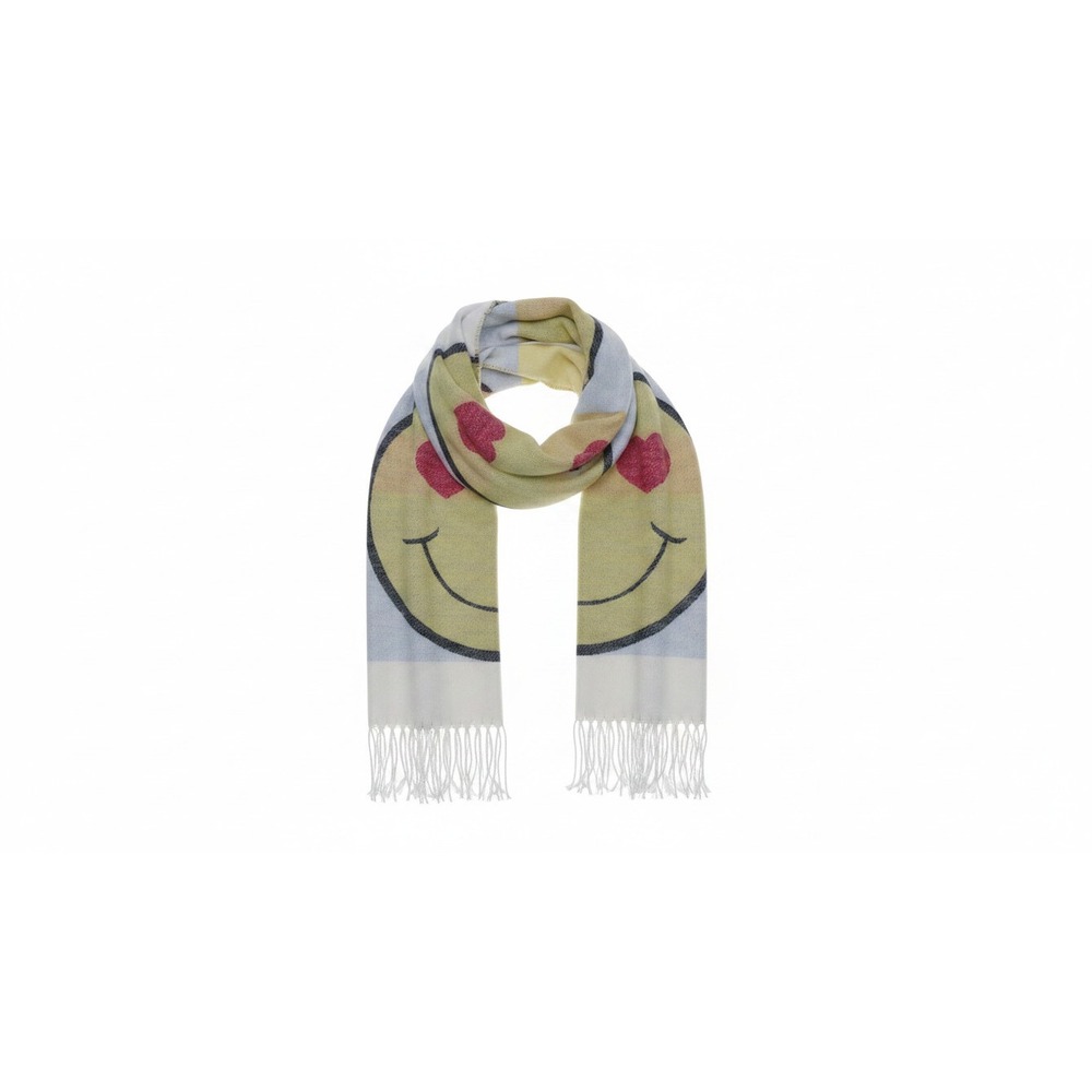 No Boundaries Scarf Women One Size Cream Heart Eye Smiley Face Fringe